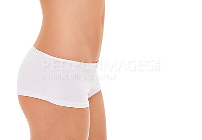 Buy stock photo Closeup, underwear and woman with wellness, stomach and person isolated on white studio background. Model, mockup space and girl with tummy, diet or toned with slim physique with fitness and lingerie