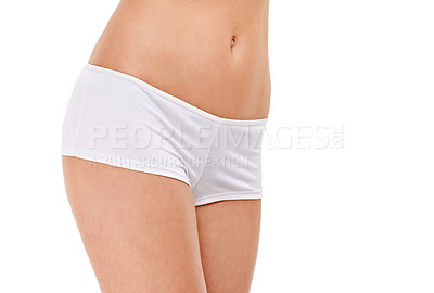 Buy stock photo Closeup, underwear and woman with lingerie, stomach and person isolated on a white studio background. Model, mockup space and girl with tummy and toned with slim physique with fitness and wellness