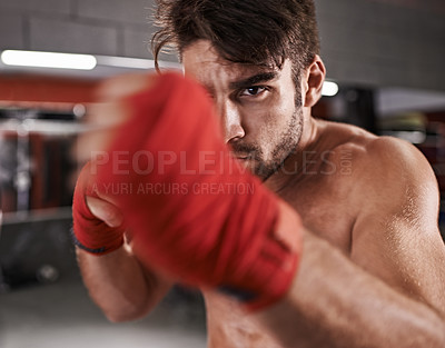 Buy stock photo Man, fist and ready for fighting in gym, fitness and topless for exercise and workout. Male person, bodybuilder and punching for challenge or practice, training and martial arts for competition