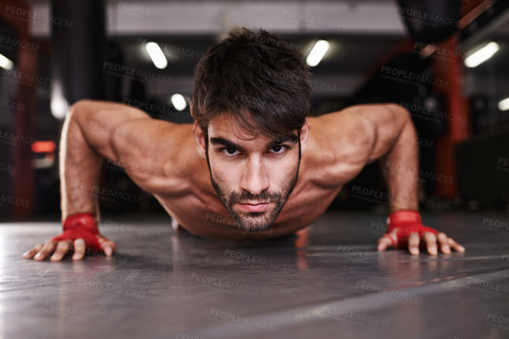 Buy stock photo Man, portrait and push up or fitness in gym, athlete and topless for exercise and workout. Male person, body builder and performance for challenge or practice, training and serious for competition