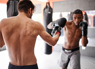 Buy stock photo Boxer, coach and training in gym with men for fitness, sport and boxing workout with personal trainer and athlete. Exercise, skill and kickboxing with practice for MMA and challenge with action