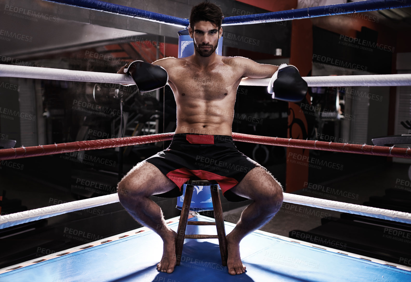 Buy stock photo Man, portrait and boxer in ring for confidence, challenge and fighting match or competition. Male person, boxing gloves and shirtless in arena for training, fitness and athlete for sitting in chair