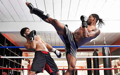 Buy stock photo Kickboxing, fight and men training for sport and fitness in gym, coach and athlete with workout and action. Energy, challenge and MMA with athlete together in ring for boxing, exercise and endurance