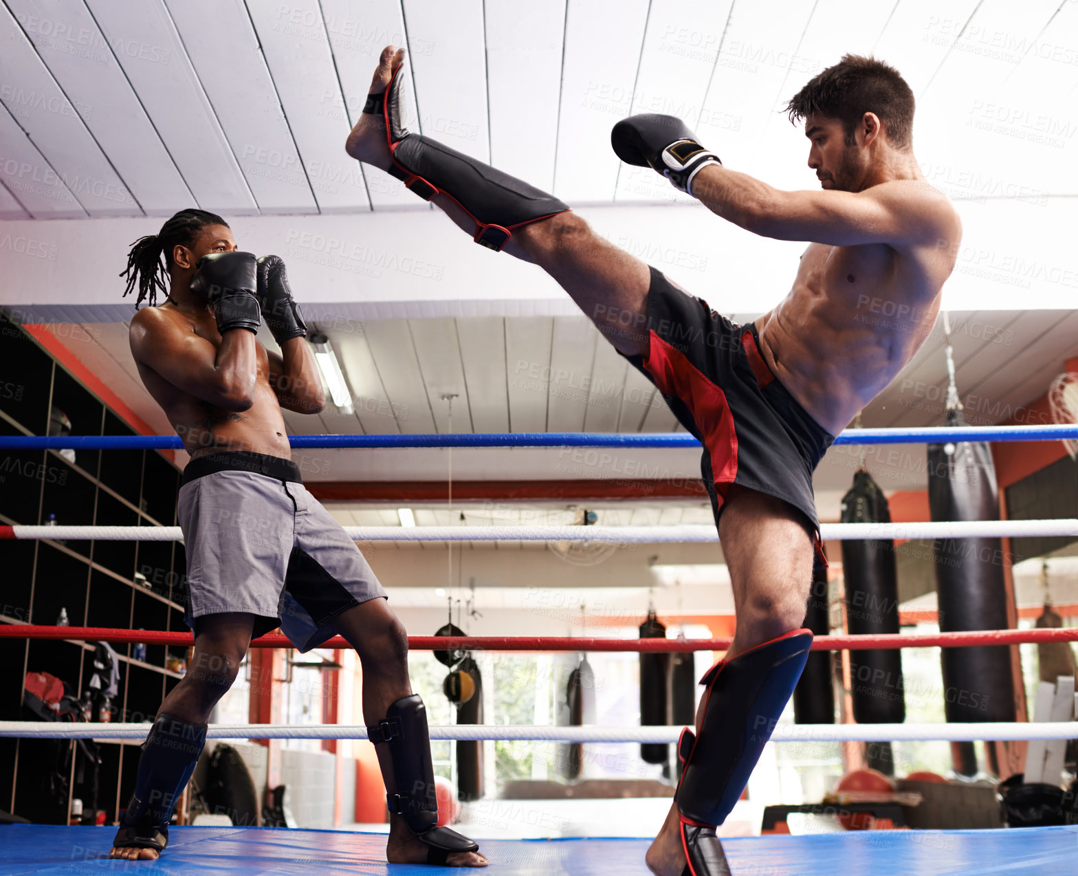 Buy stock photo Kickboxing, fight and men training for exercise and sport in gym, coach and athlete with workout and action. Energy, challenge and MMA with athlete together in ring for boxing, fitness and endurance