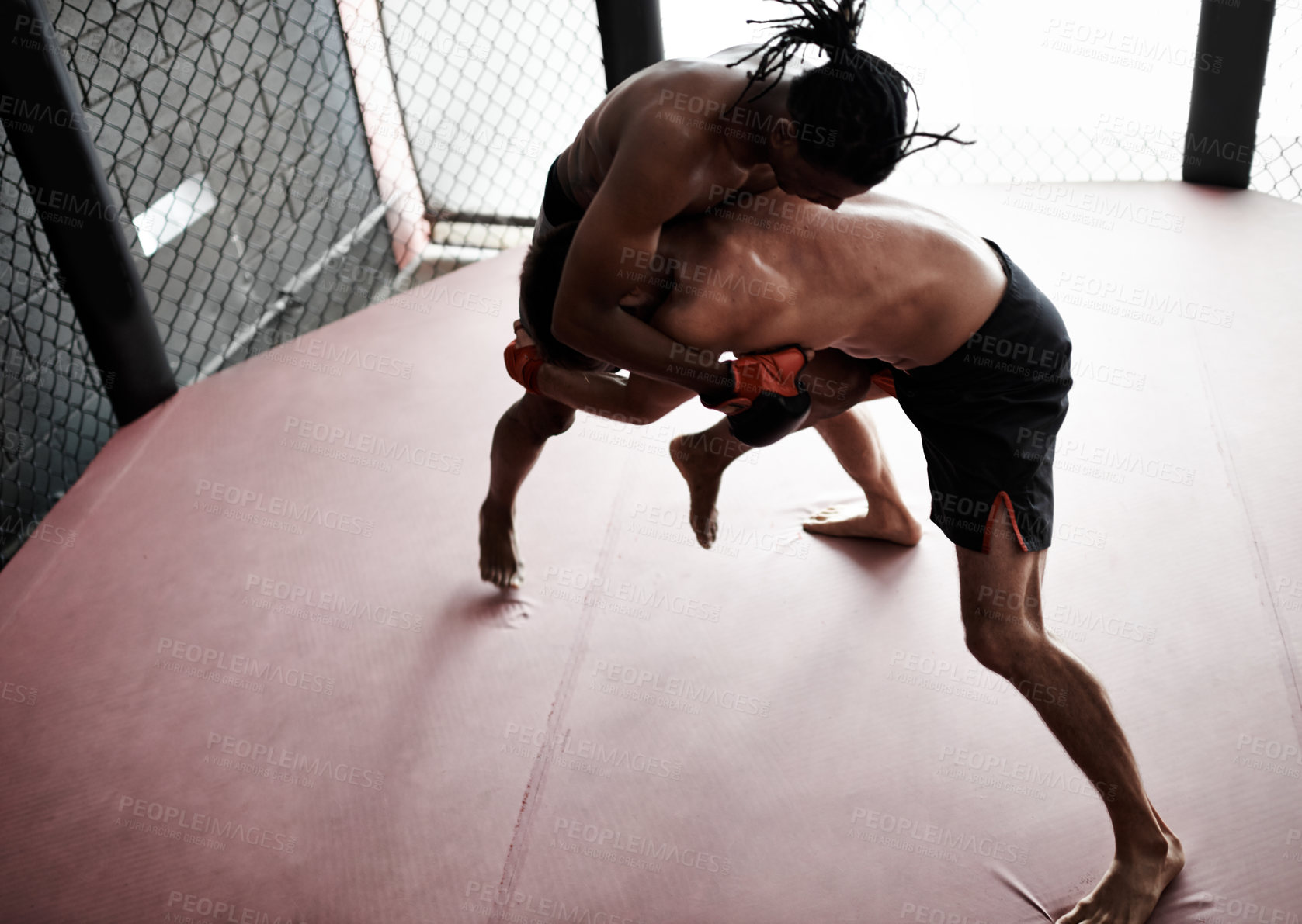 Buy stock photo Fight, wrestling and men in cage for kickboxing competition, challenge and fitness with sports in gym. Match, strong fighter and resilience in exercise, sparring practice and power in battle together