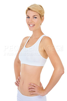 Buy stock photo Woman, portrait and fitness with smile for workout, happy in sportswear for health and wellness on white background. Training, sports and athlete ready for gym and physical activity in studio