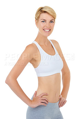 Buy stock photo Woman, portrait and exercise with smile for workout, happy in sportswear for health and wellness on white background. Training, sports and athlete ready for gym and physical activity with fitness