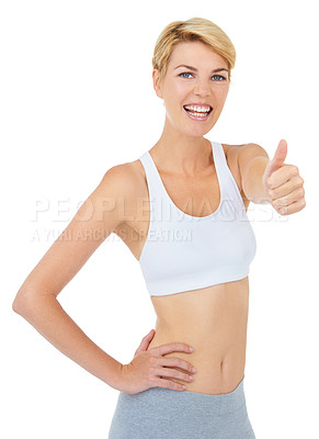 Buy stock photo Portrait, smile and woman with thumbs up for fitness with emoji isolated on a white studio background. Exercise, excited person and like hand gesture for success, sport and workout for healthy body