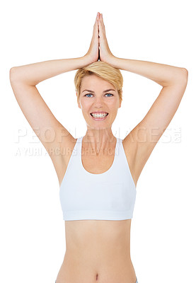 Buy stock photo Woman, prayer hands and portrait for yoga and meditation in studio with mindfulness and smile on white background. Exercise, wellness and health with balance for healing, spiritual and namaste