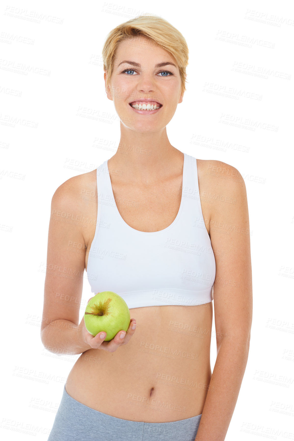 Buy stock photo Woman, portrait and apple in studio for fitness, wellness or diet on white background, mockup or backdrop. Model, dietician or nutritionist with green fruit for cleanse, vitamins and workout 