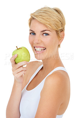 Buy stock photo Fitness model, portrait and health with apple for studio wellness, diet and by white background, mockup or backdrop. Woman, dietician and nutritionist with fruit for breakfast food, vitamins or detox