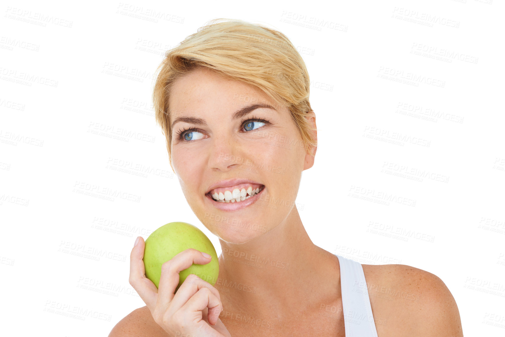 Buy stock photo Cropped shot of a young woman holding an apple