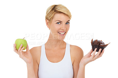 Buy stock photo Female person, fitness and health for food option, nutrition and decision by studio for lifestyle. Woman, athlete and portrait for diet, workout and white background with apple and cake choice