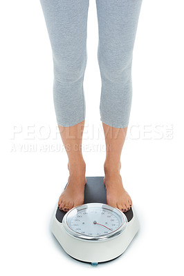 Buy stock photo Woman, legs and scale in studio for weight loss, healthcare and wellness for vitality. Female person, diet and check calories for slim body for self care, achievement and closeup on white background