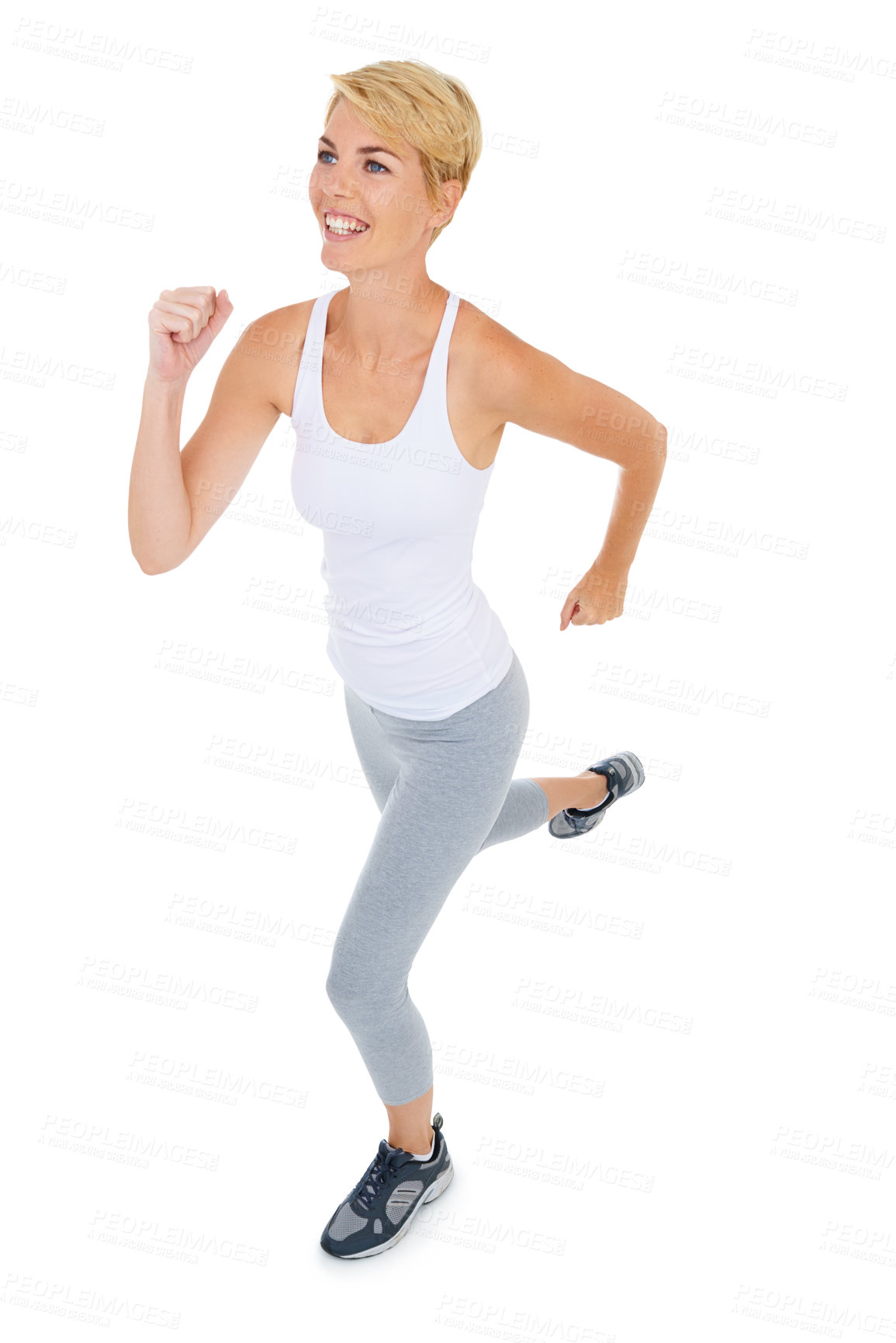 Buy stock photo Woman, cardio and running for fitness and health in studio, speed and action with energy on white background. Fast, challenge with runner or athlete in race, workout or training with exercise
