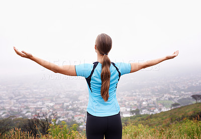 Buy stock photo Fitness, freedom and sports with runner woman outdoor in mountains for cardio training or workout. Exercise, nature and view with athlete running in foggy morning for health or wellness from back