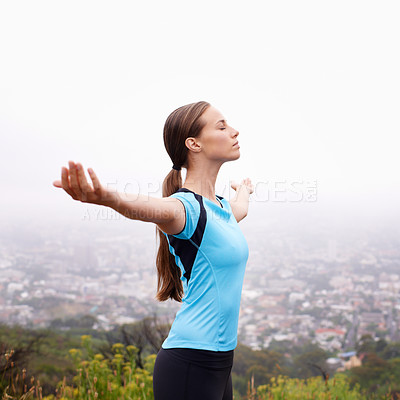 Buy stock photo Health, fitness and woman with open arms, nature and exercise with progress and achievement. Person, athlete and girl with celebration and runner with wellness and workout with breathing and freedom