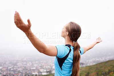 Buy stock photo Fitness, back and woman with freedom, nature and excited with progress and achievement. Person, athlete and girl with celebration or runner with wellness or workout with health, excited or open arms