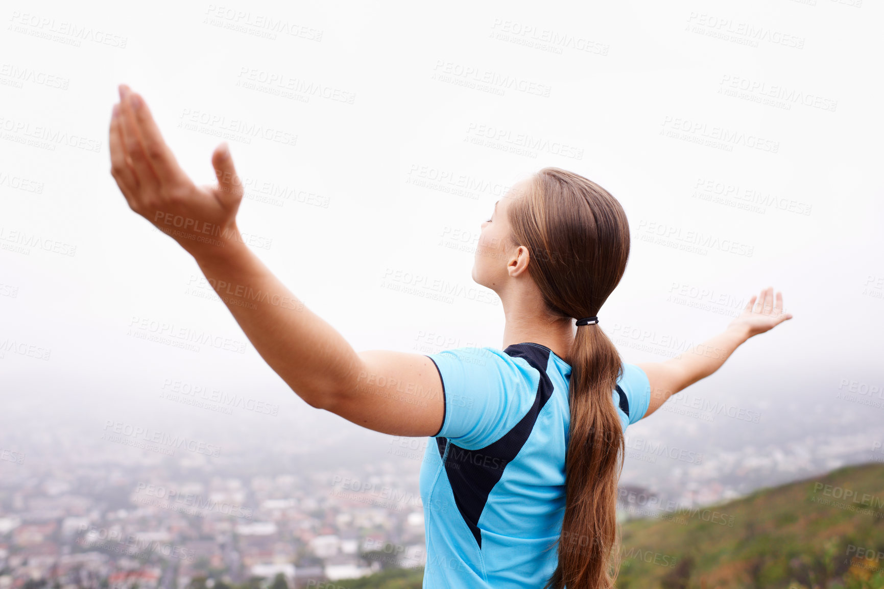 Buy stock photo Fitness, back and woman with freedom, nature and excited with progress and achievement. Person, athlete and girl with celebration or runner with wellness or workout with health, excited or open arms