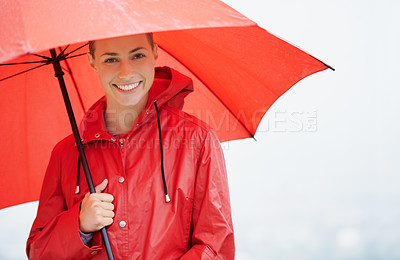 Buy stock photo Woman, portrait and umbrella for insurance, outdoor nature and protection from rain in cold weather. Female person, secure and safety or shield from storm, winter and travel to Scotland for holiday