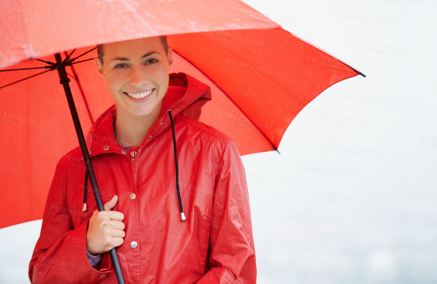 Buy stock photo Woman, portrait and umbrella for insurance, outdoor nature and protection from rain in cold weather. Female person, secure and safety or shield from storm, winter and travel to Scotland for holiday
