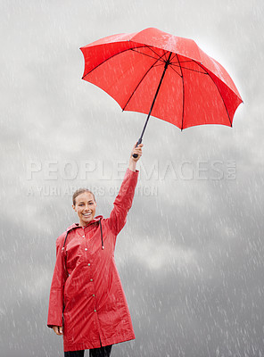 Buy stock photo Woman, portrait and umbrella for security, storm and protection from rain in weather. Female person, insurance and safety or shield from rainfall in outdoor, winter and travel to Scotland for holiday
