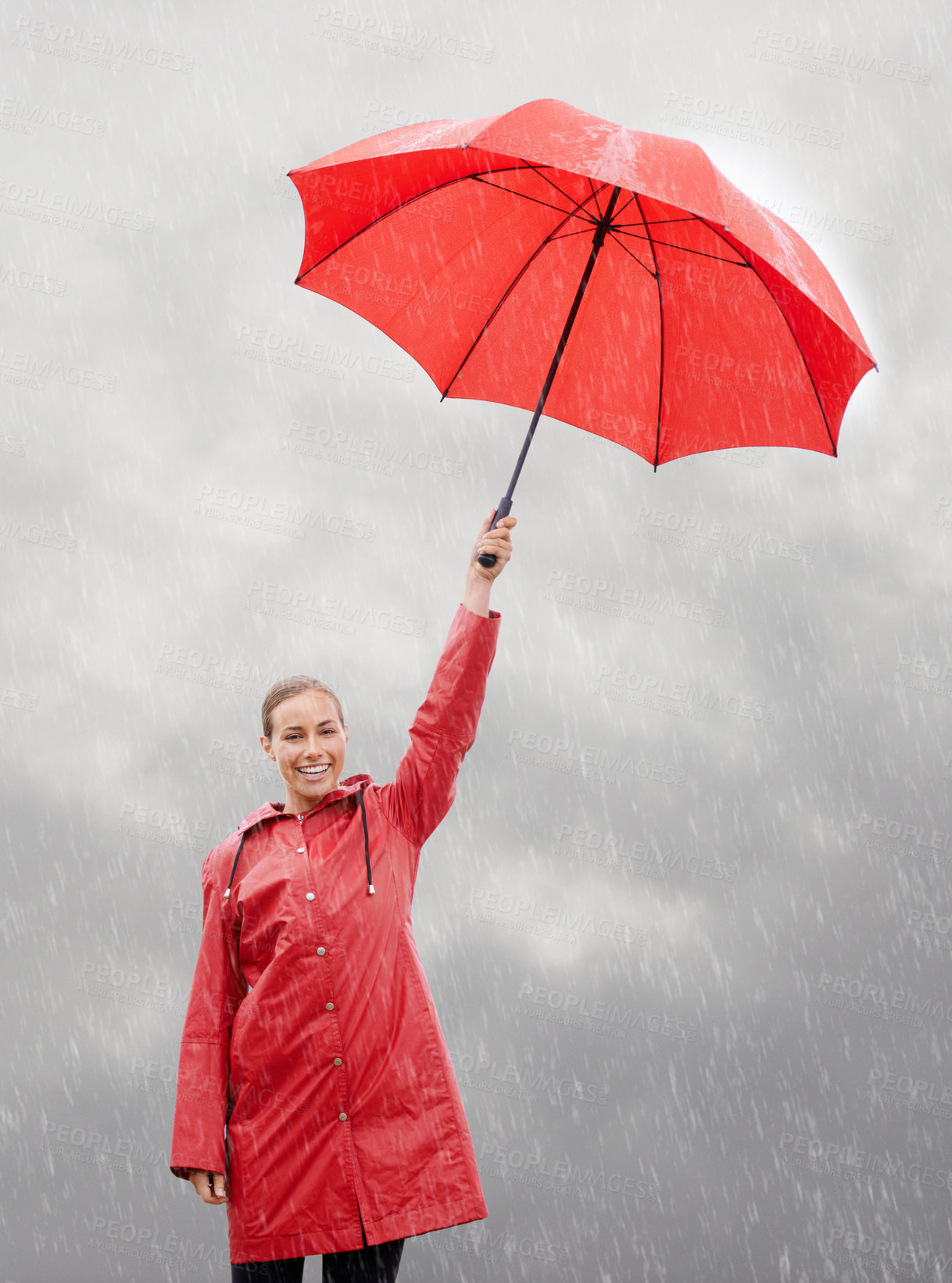 Buy stock photo Woman, portrait and umbrella for security, storm and protection from rain in weather. Female person, insurance and safety or shield from rainfall in outdoor, winter and travel to Scotland for holiday