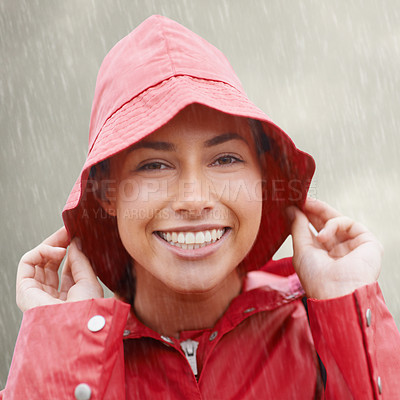 Buy stock photo Woman, portrait and raincoat for protection, outdoor nature and waterproof jacket for rain in weather. Female person, happy and safety or shield from cold, winter and travel to Scotland for holiday
