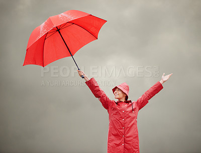 Buy stock photo Woman, overcast and umbrella for security, outdoor nature and protection from rain in weather. Female person, insurance and safety or shield from storm, winter and travel for holiday or vacation