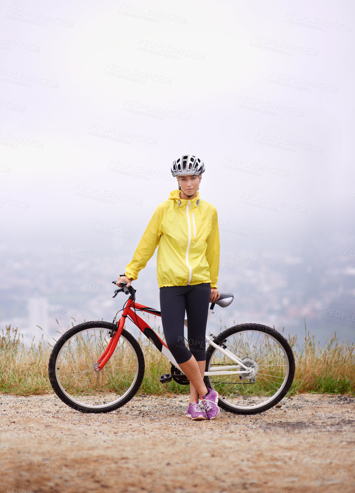 Buy stock photo Bicycle, cycling and portrait of woman outdoor for fitness, exercise or healthy body with fog in Australia. Mountain bike, helmet and serious person in nature to travel with transport on mockup space
