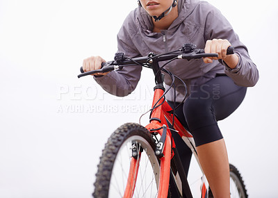 Buy stock photo Bicycle, cycling and person outdoor for exercise, workout or training for body health with fog on mockup in winter. Fitness, sports and mountain bike for travel, adventure and transport with mist