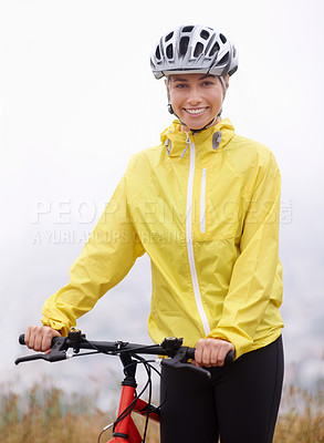 Buy stock photo Mountain bike, cycling and portrait of happy woman outdoor for fitness, exercise or healthy body with fog in Canada. Bicycle, smile and person in helmet in nature to travel with transport with mist