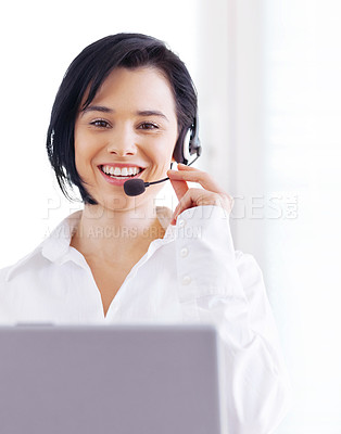Buy stock photo Telemarketing, portrait and woman customer support consultant doing online consultation in the office. Contact us, crm and professional female call center agent working with a headset in workplace.