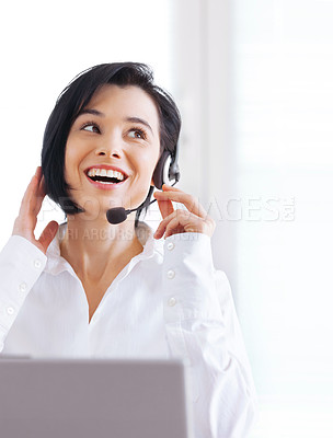 Buy stock photo Call center, customer support and happy woman doing online consultation in the office. Contact us, smile and female telemarketing representative, agent or consultant working with headset in workplace