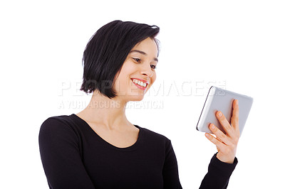 Buy stock photo Funny, tablet and woman laughing at social media meme on the internet or online isolated in a studio white background. Smile, connection and female person reading email or joke on an app or web