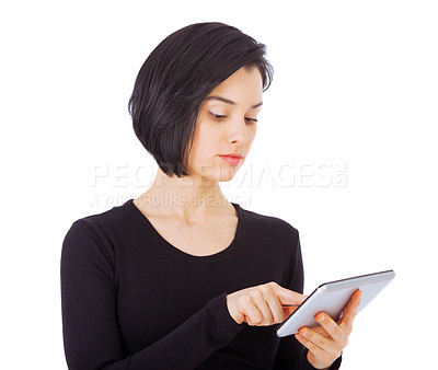 Buy stock photo Serious, tablet and woman focus on social media using internet or online isolated in a studio white background. App, connection and female person typing email or search a website or web