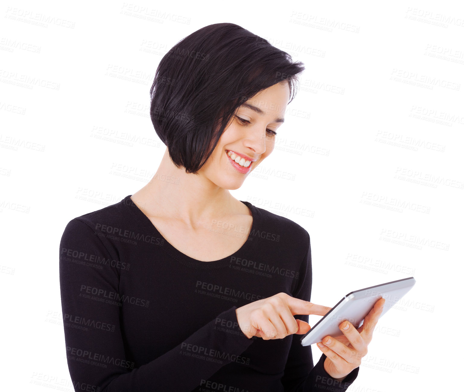 Buy stock photo Happy, tablet and woman update social media using internet or online isolated in a studio white background with a smile. Excited, connection and female person typing email or search a website or web