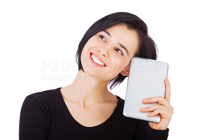 Buy stock photo Thinking woman, digital tablet and studio portrait by white background, smiling and student in university. Technology, internet or planning for future, vision and elearning education and scholarship