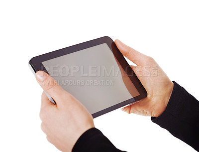 Buy stock photo Hands, mockup and digital tablet in a studio for advertising, marketing and branding promo. Technology, communication and model with a mobile with mock up screen isolated by a white background.