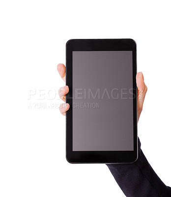 Buy stock photo Cropped shot of an unrecognizable woman holding up her digital tablet against a white background