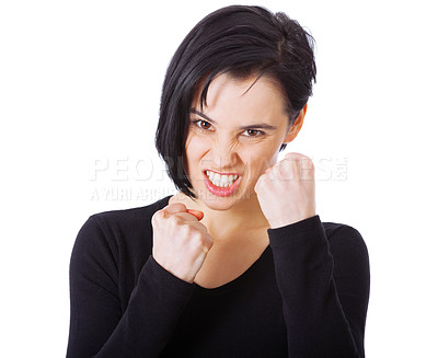Buy stock photo Woman, portrait and angry in studio with fist for fighting, frustrated and stress with rage. Female person, upset and emotion with annoyed expression, moody and mad isolated with white background