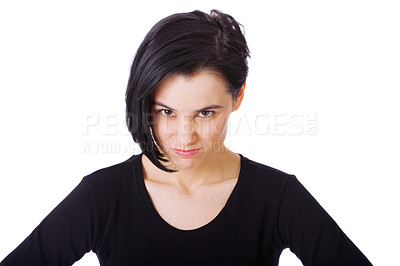 Buy stock photo Portrait of an attractive young woman showing aggression against a white backgtound