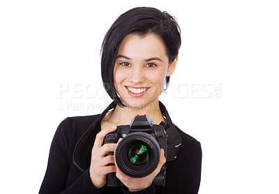 Buy stock photo Photographer, portrait and woman with camera, digital and studio with white background or mock up. Girl, smile and employee for creative company as career, passionate and happy for job and art