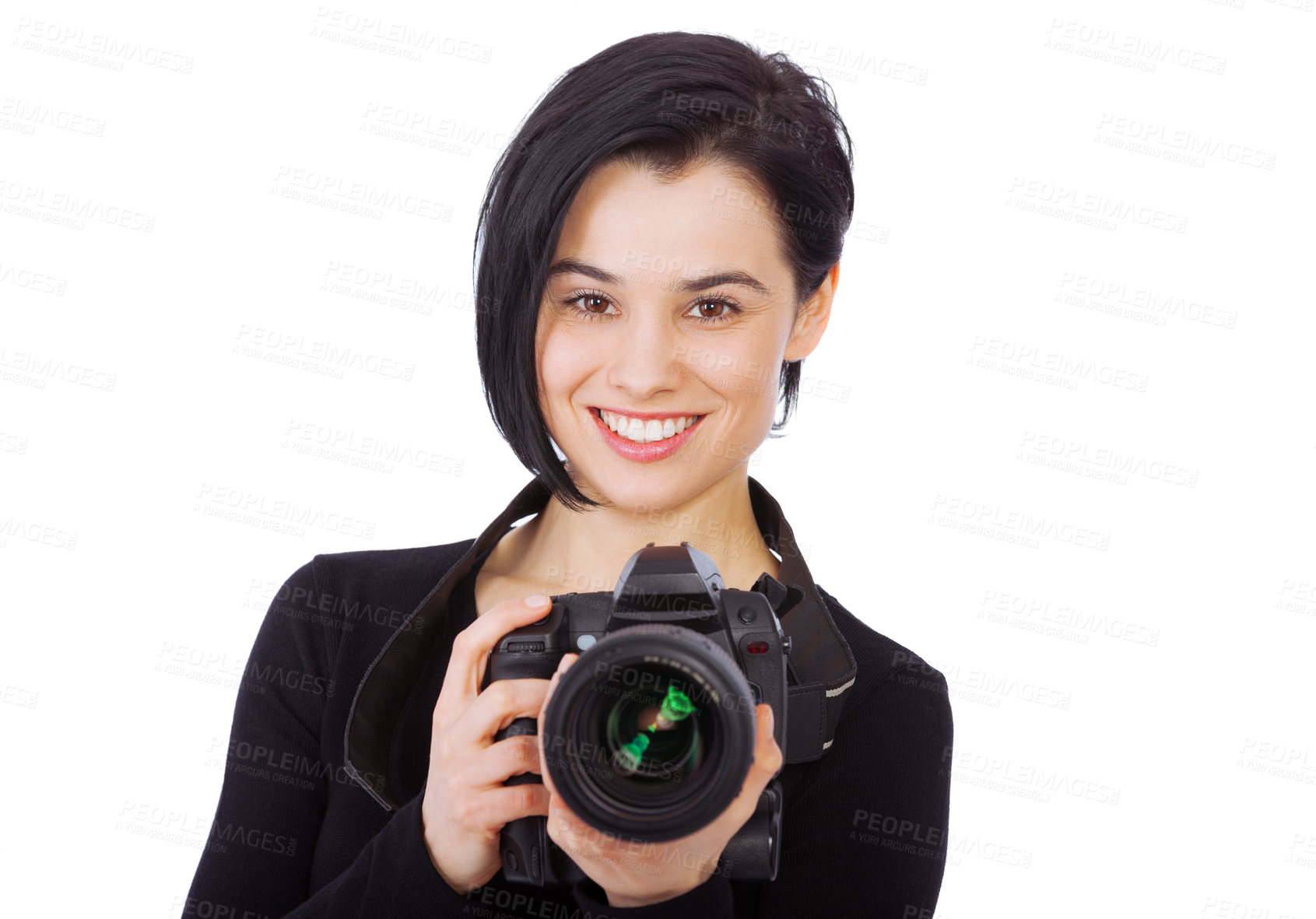 Buy stock photo Photographer, portrait and woman with camera, digital and studio with white background or mock up. Girl, smile and employee for creative company as career, passionate and happy for job and art