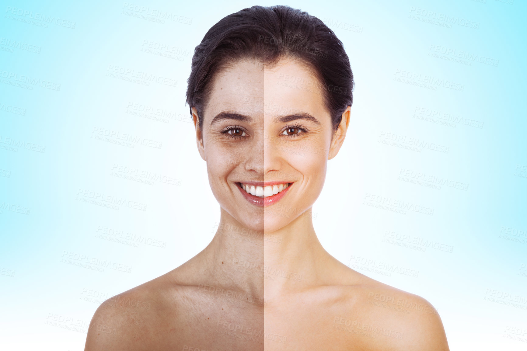 Buy stock photo Before and after portrait of an attractive young woman - Cross-section