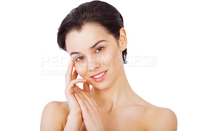 Buy stock photo Woman, portrait and aesthetic for skincare with white background in studio, soft and smooth on skin. Girl, smile and happiness for results on face from treatment of dermatology for glow and shine