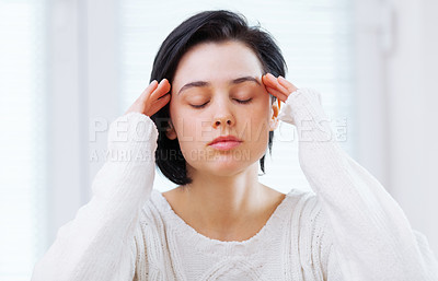 Buy stock photo Face, anxiety or stress and woman in bedroom of home with depression, frustration or mental fatigue. Burnout, headache or insomnia with young person feeling annoyed, moody or unhappy in apartment