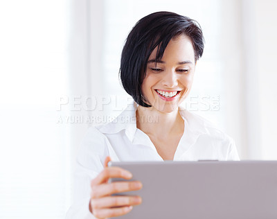 Buy stock photo Business, smile and woman with laptop, office and digital app with creative or PR consultant. Person, copywriter or entrepreneur with computer or online blog with startup, tech or website information