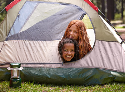 Buy stock photo Happy, portrait and children in tent on camp for outdoor adventure, vacation or holiday for fun. Smile, bonding and young girl kids excited together for summer weekend trip in forest, field or woods.