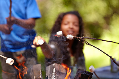Buy stock photo Kids roasting marshmallows on an open fire